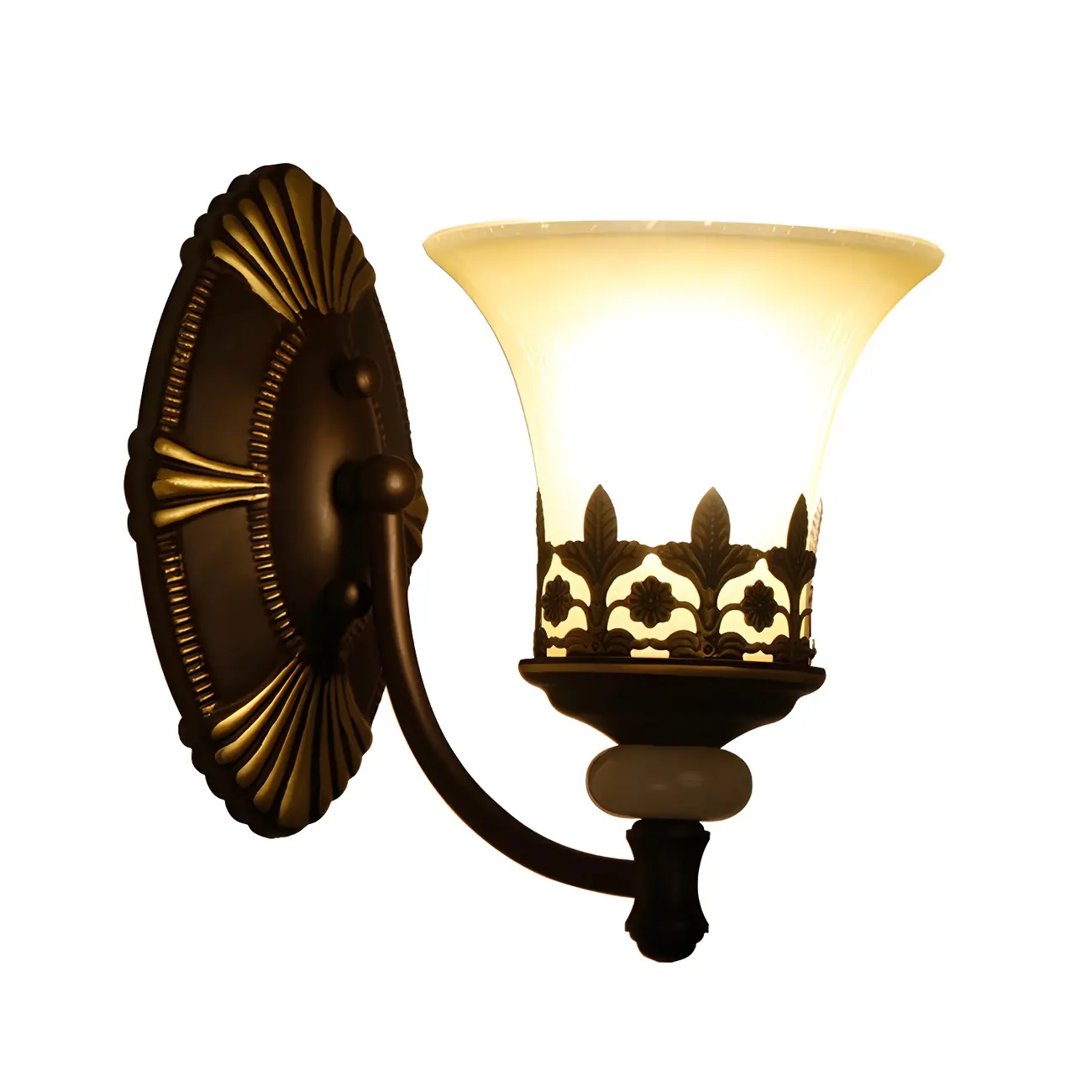 Dark Brown Metal Filigree Retro Flared Glass Wall Sconce