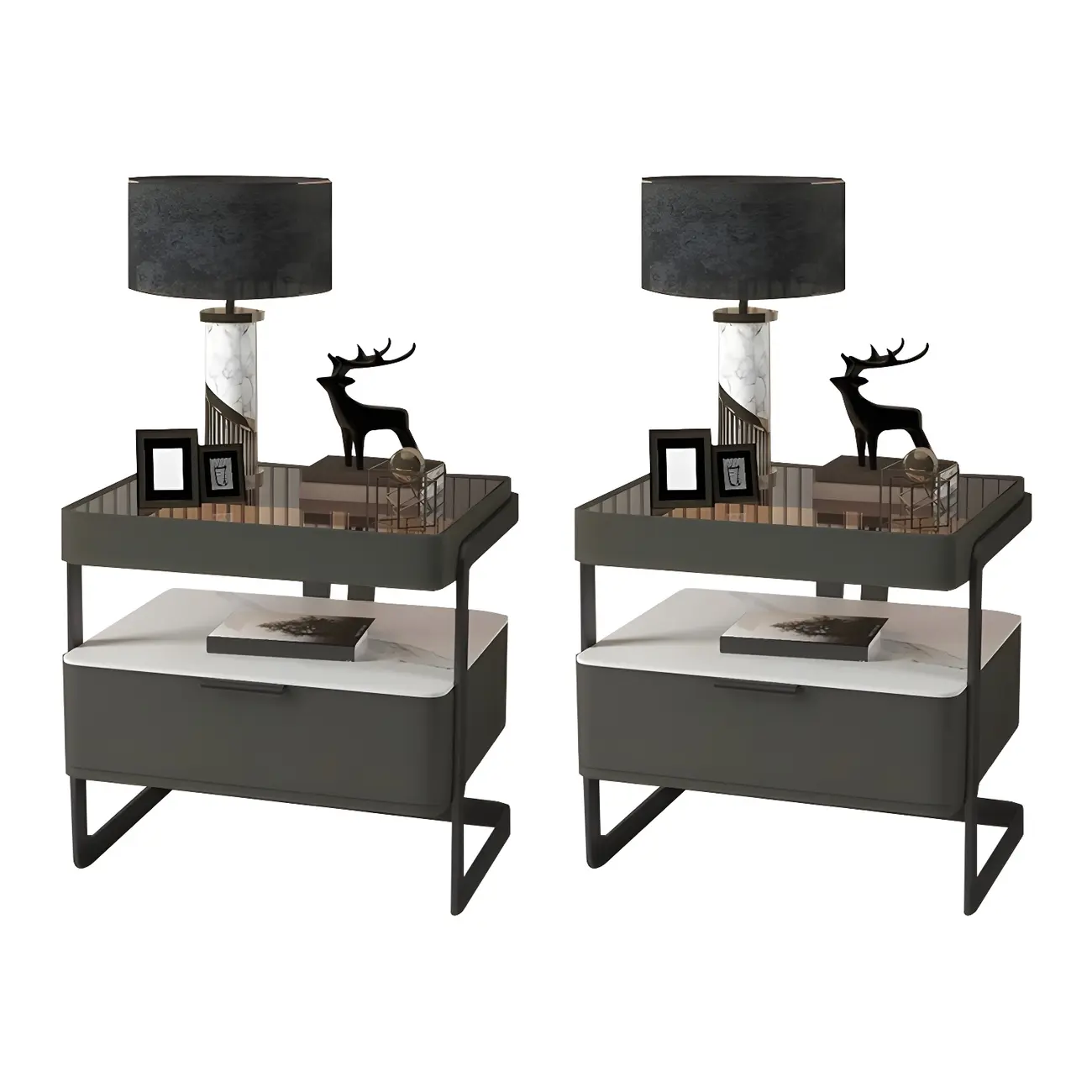 Modern Wood Nightstand with Glass Countertop and Drawer