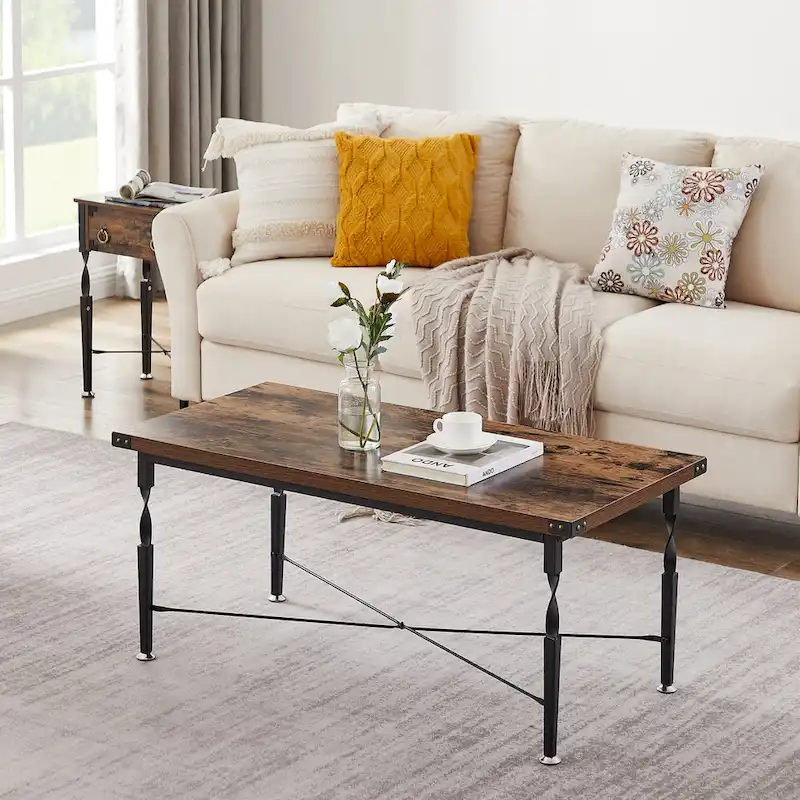 Set of 3 Coffee Table Sets with Coffee Table + 2 End Tables, X-Shaped Design, Rustic Brown