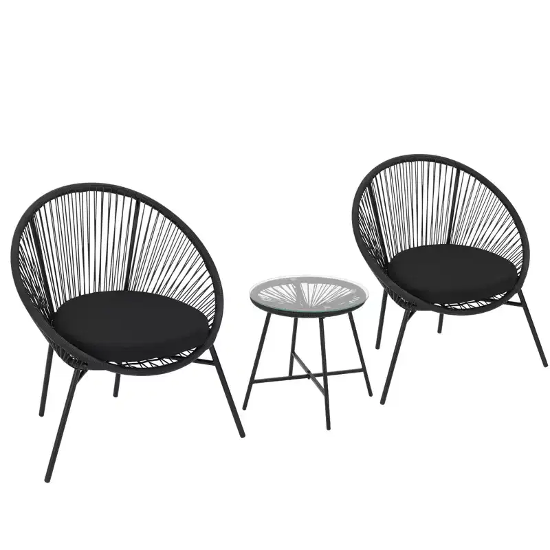 3-Piece Wicker Patio Furniture Set, Glass Top Coffee Table and Cushions, All-Weather Metal Frame Rattan Bistro Set for Balcony, Porch, Garden