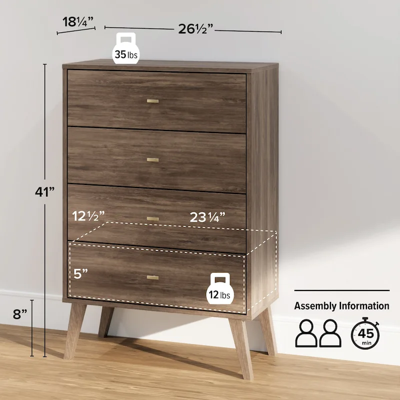 Prepac Milo Mid Century Modern 4-Drawer Chest