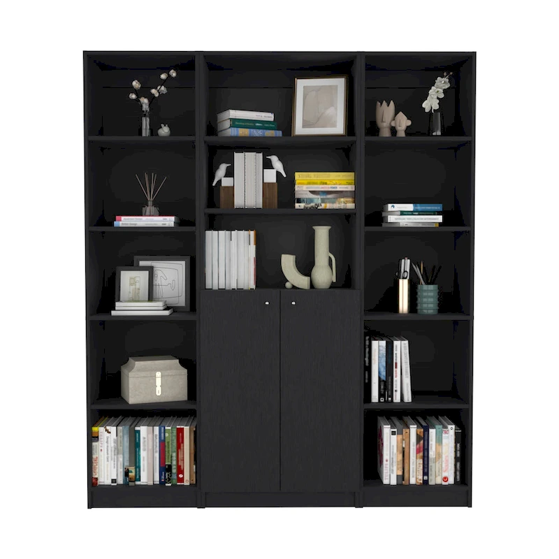 Kenyon 60  Wide 5-Shelf and Cabinet Bookcase Set of 3 Matt Grey - White