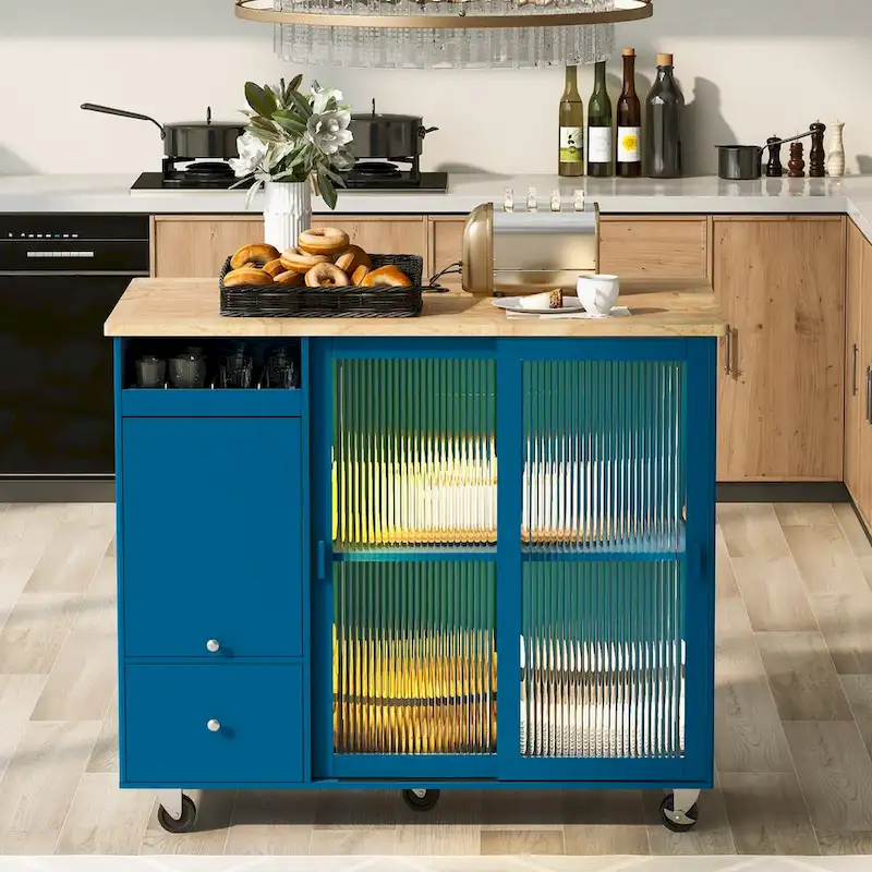44 in. W Kitchen Island Rubber Wood Drop-Leaf Countertop on 5 Wheels with an Adjustable Shelf and 2 Drawers - 44