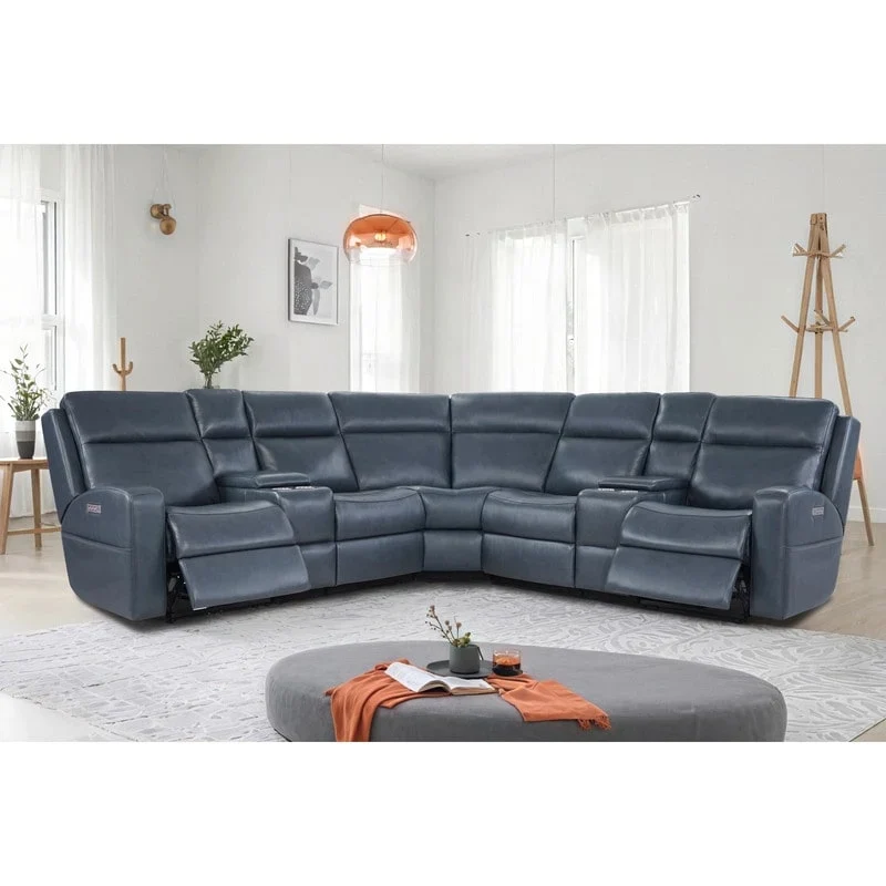 Blue Genuine Leather Power Recliner Sectional, 4-Seat, USB & USB-C Ports