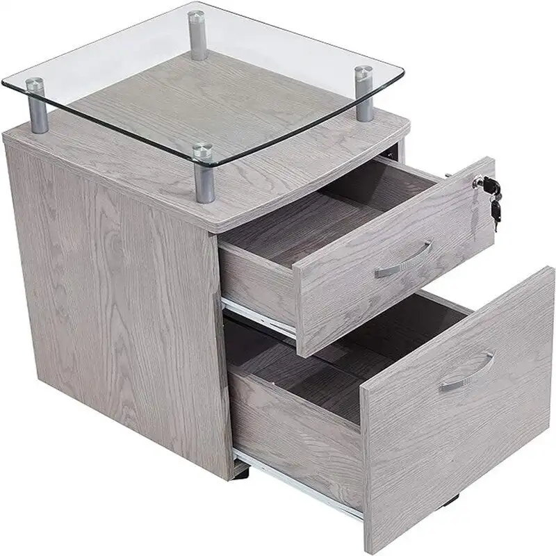 Grey / Graphite Rolling File Cabinet with Glass Top, 2-Drawer, Single User