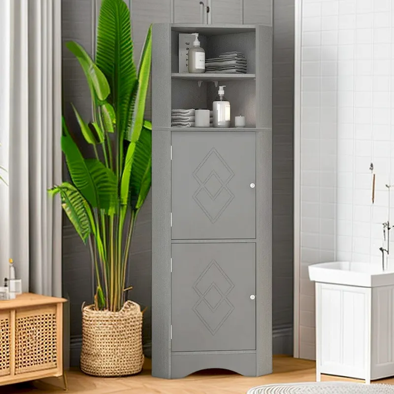 61  H Bathroom Cabinet, Freestanding Floor Storage Cabinet with Open Shelf & Doors
