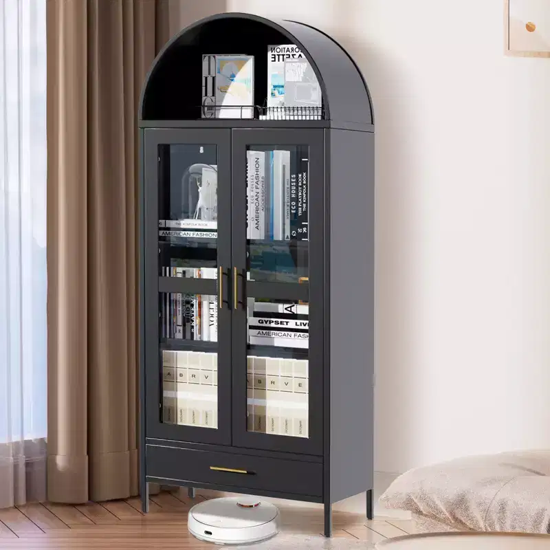 73 Arched Metal Storage Cabinet, Kitchen Pantry Cabinet with Glass Doors, Freestanding Collectibles Display Cabinet, Versatile Bookcase with Drawer