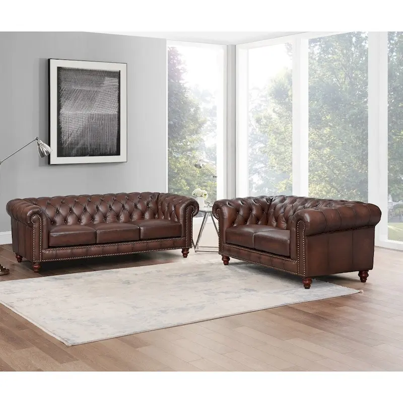 Top Grain Leather Chesterfield Sofa and Loveseat - Sofa, Loveseat