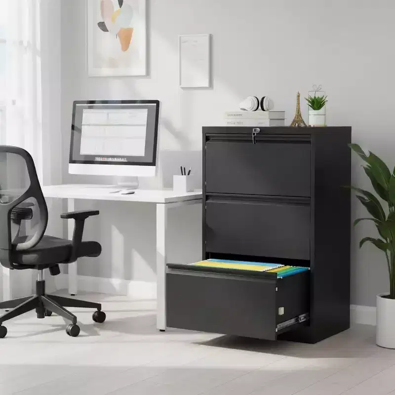 3-drawer side filing cabinet, heavy duty metal filing cabinet with locks for home office, black filing cabinets with business card holder