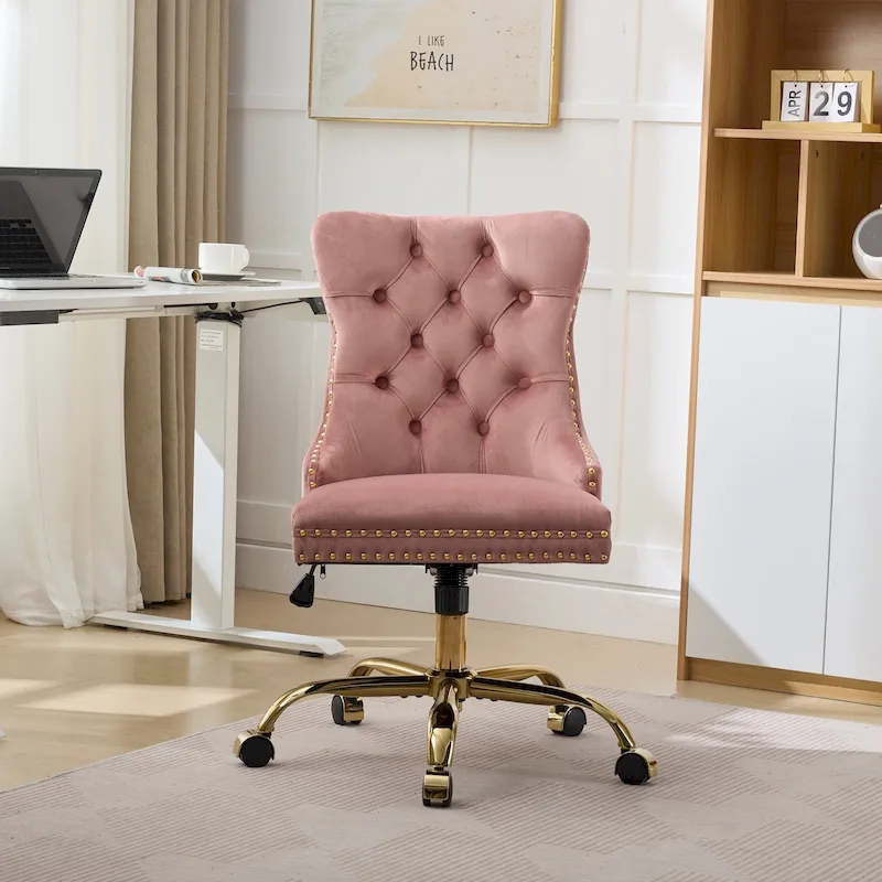 A&A Gray Velvet Tufted Home Office Chair with Golden Metal Base - Adjustable Swivel Desk Chair