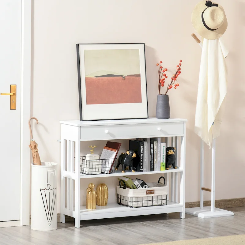 Console Table, White/Black, 1 Drawer & 2 Open Shelves, 1-Person Assembly