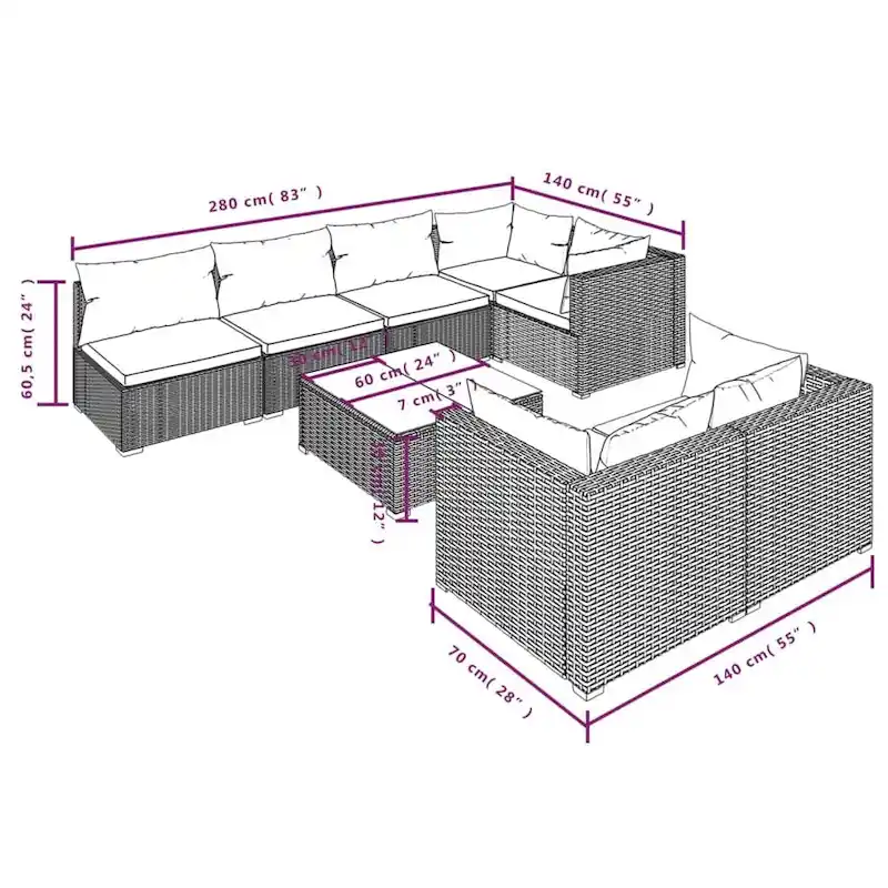 vidaXL Patio Lounge Set with Cushions Brown Poly Rattan - 27.6  x 27.6  x 24  - 27.6  x 27.6  x 24