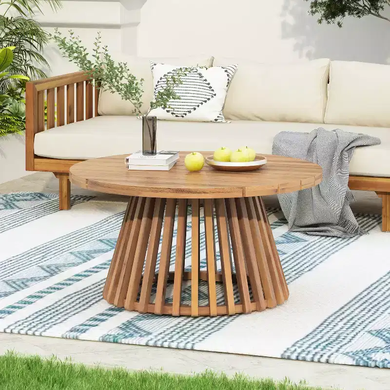 JVNOXK Acacia Wood Round Patio Coffee Table, Outdoor Wooden Accent Table with Unique Striped Base