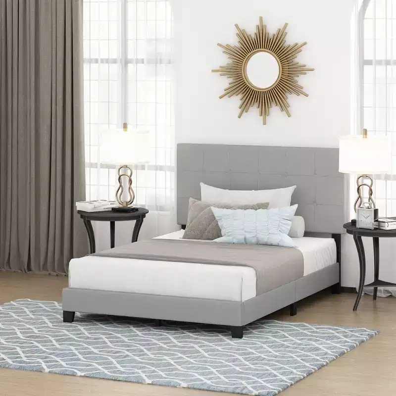Furinno Full/Queen Size Upholstered Bed Frame Button Tufted Headboard Bedframe 12PC Slat Mattress Foundation,Gray