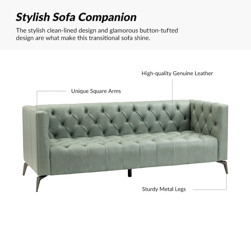 Transitional Genuine Leather Sofa with Metal Legs and Tufted Back