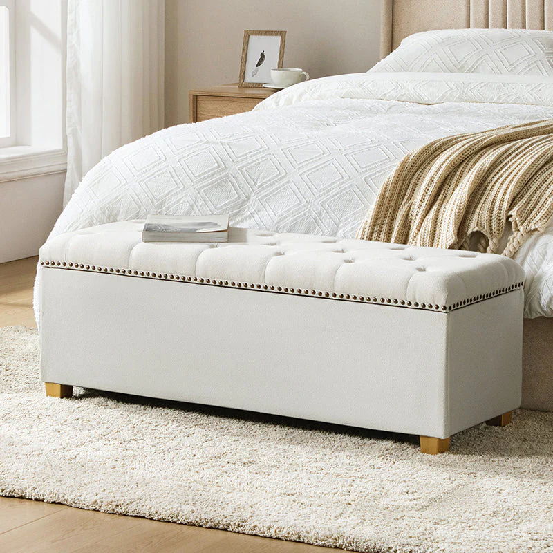 Tufted Storage Bench with Removable Fabric Cover & Nailhead Trim | White / Grey | Single