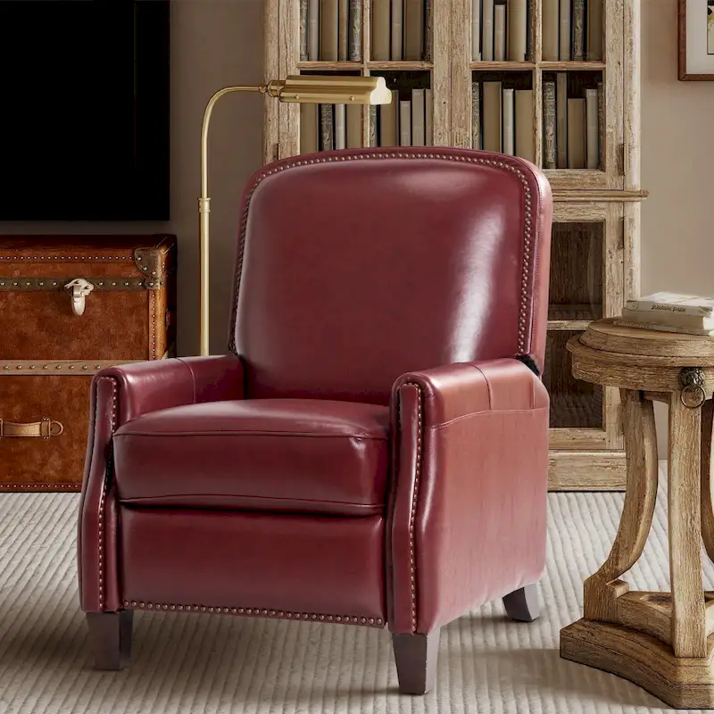 Modern Retro Genuine Leather Recliner with Nailhead Trim & Wooden Frame