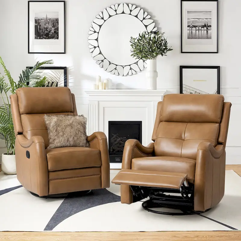 Genuine Leather Swivel Rocker Recliner with Nailhead Trims - Set of 2