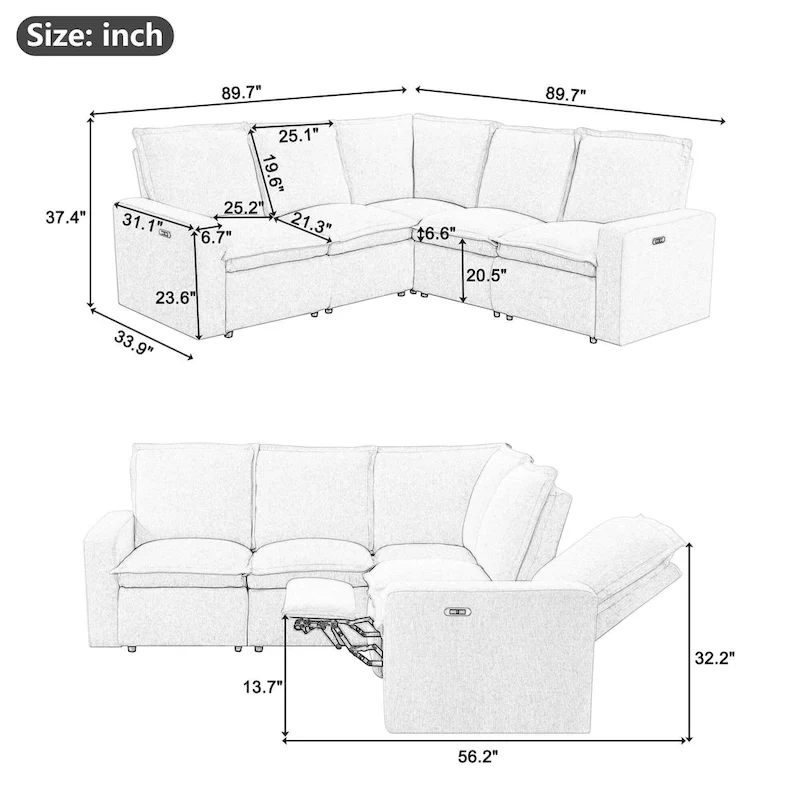 Linen L-Shaped Sectional Sofa with Power Recliners & USB
