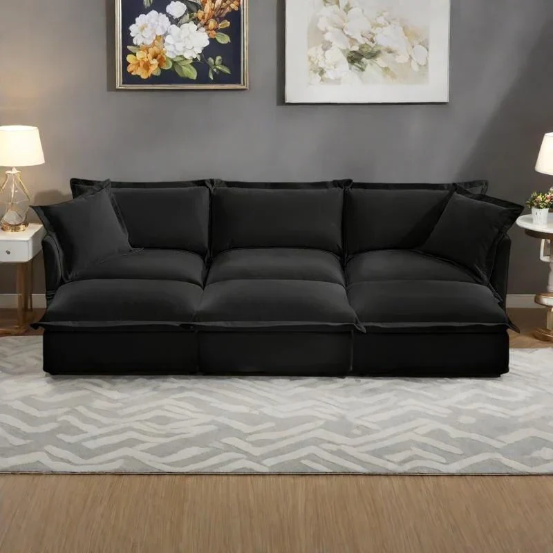 120 Chenille 3-Seater Sofa Set with 3 Ottomans, Sleeper Function & Removable Slipcovers