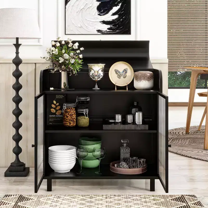 CLIHOME Modern Sideboard Buffet Cabinet with Tempered Figured Glass Doors and Flip Top, Metal Frame Storage Console