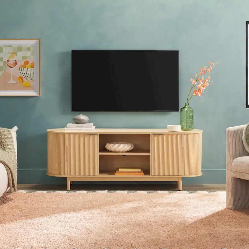 Modern Reeded 60-inch TV Stand with Soft-Close Doors – Coastal Oak / Mocha, Single Unit, Fits TVs up to 65
