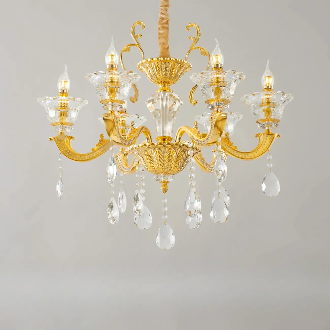 Living Room Golden Crystal Pendant Up Light Chandelier With Candelabra