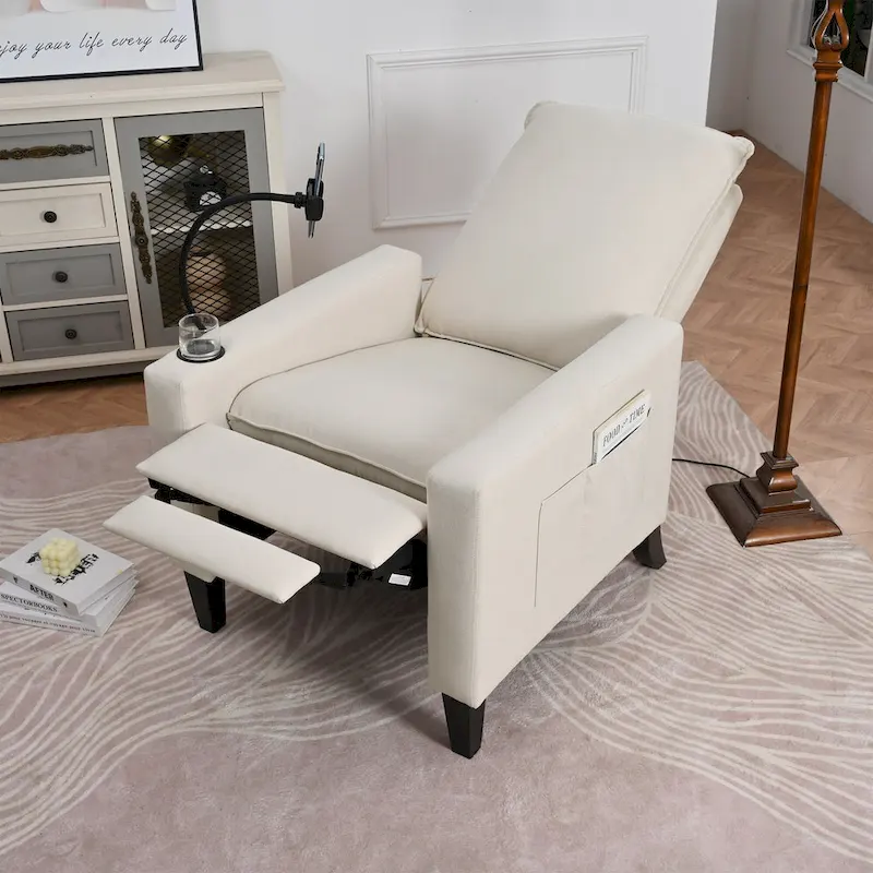 Beige Fabric Adjustable Recliner Chair with Phone Holder & Cup Holder – 1-Seat