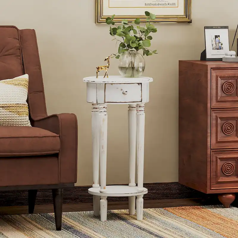 White Distressed Round Side Table with Drawer and Shelf