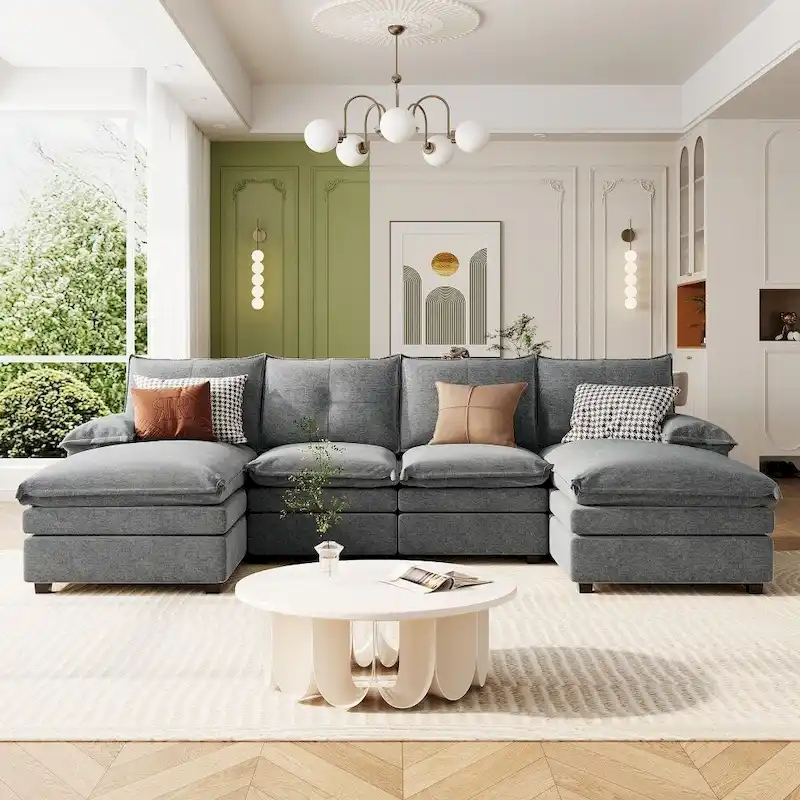 Modern Chenille U-shaped Sectional Sofa with Adjustable Armrest Pillows for Living Room