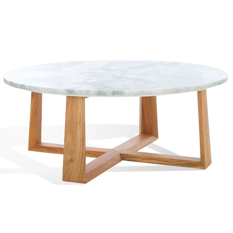 Round Marble Top Coffee Table with Acacia Wood Legs – White/Natural / White/Black