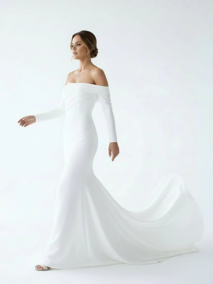 Simple White Boho Mermaid Long Wedding Dress with Sleeves