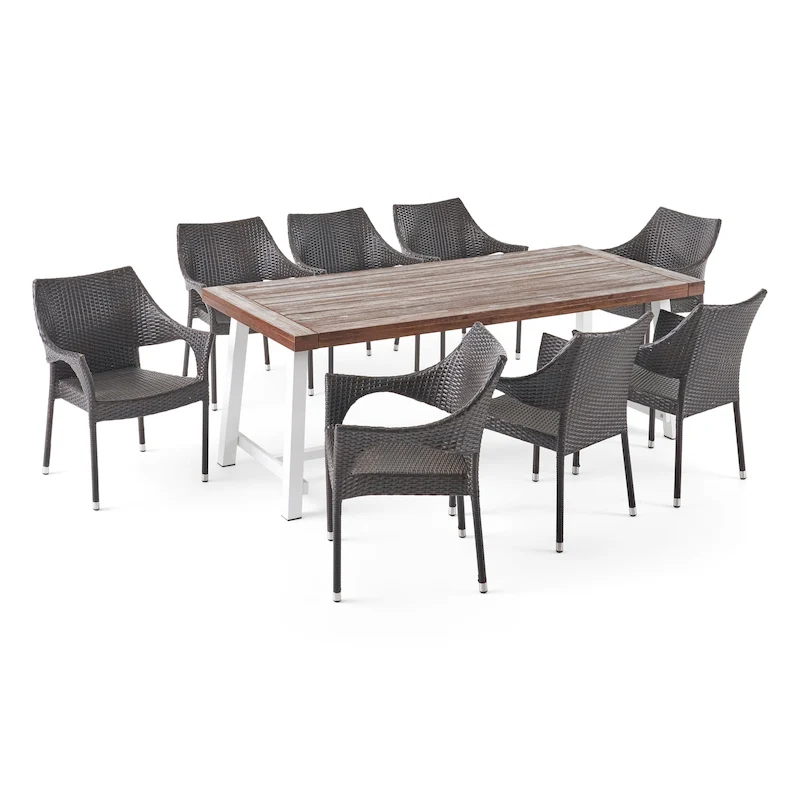 Espanola Outdoor 8 Seater Wood and Wicker Dining Set by Christopher Knight Home