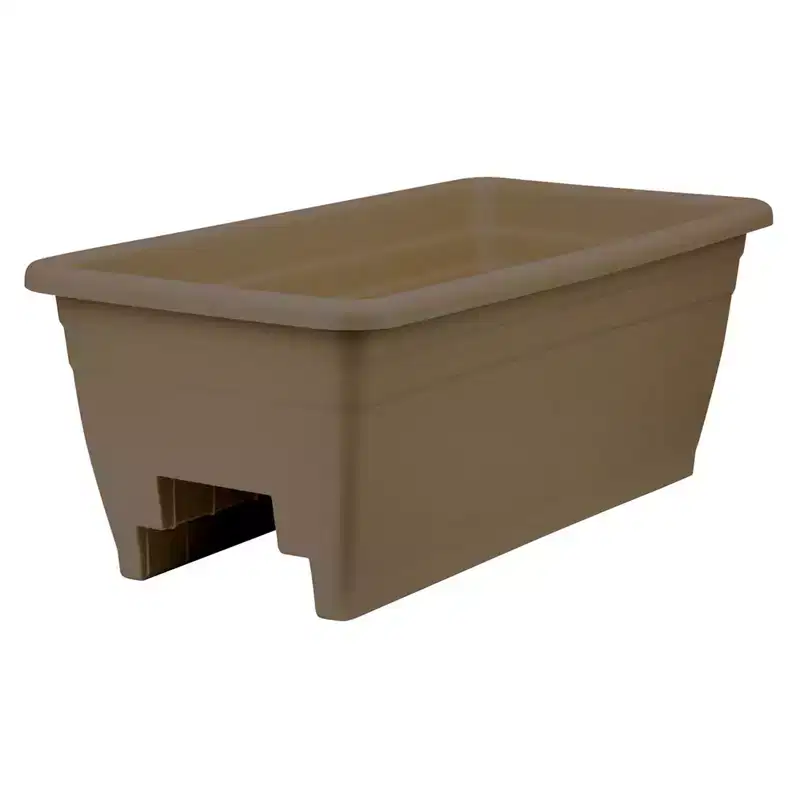 The HC Companies 24 Inch Wide Heavy Duty Plastic Deck Rail Mounted Garden Flower Planter Boxes with Removable Drainage Plugs, 4 Pack, Chocolate