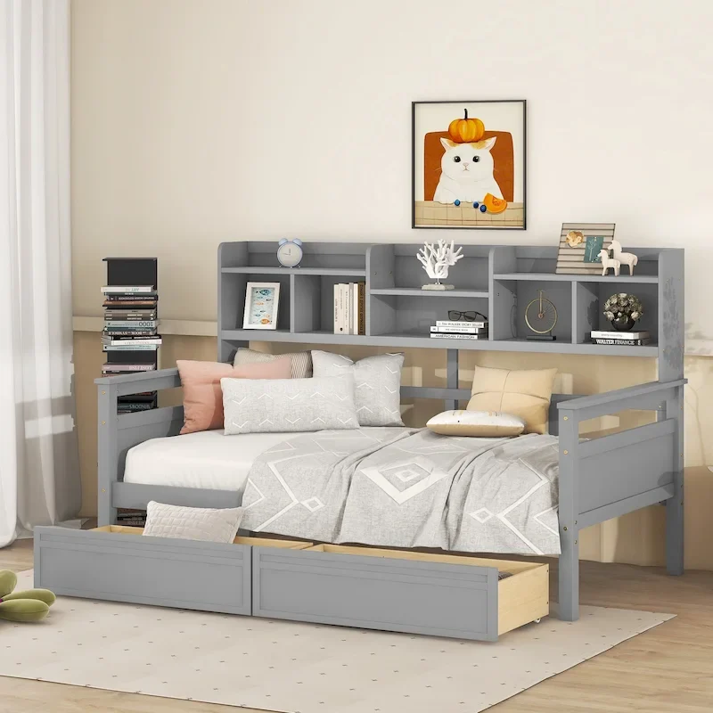 Twin Daybed with Storage Drawers & Shelves, Solid Wood Frame
