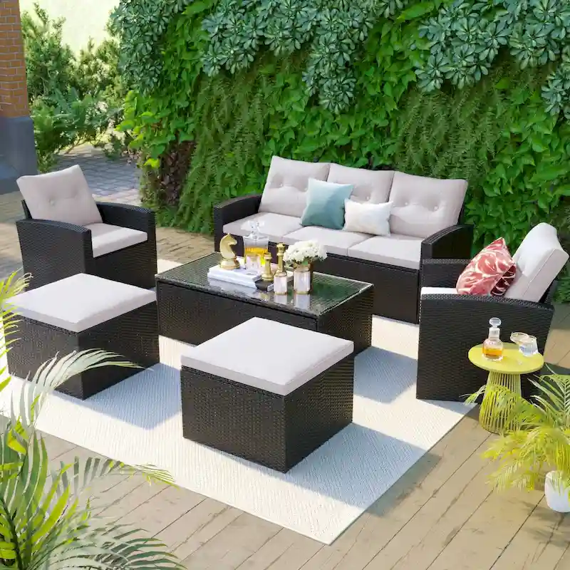 6-Piece Outdoor Wicker Sofa Set for 7 with Beige Cushions