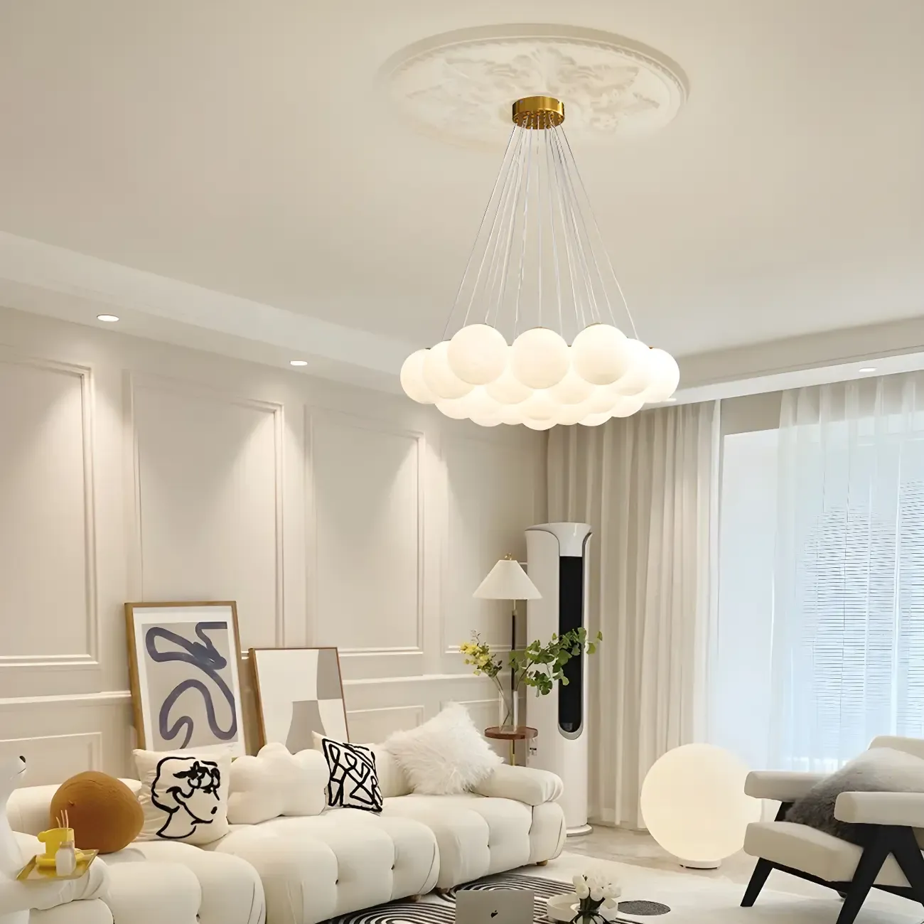 Adjustable White Glass Cluster Sphere Chandelier Modern Elegant