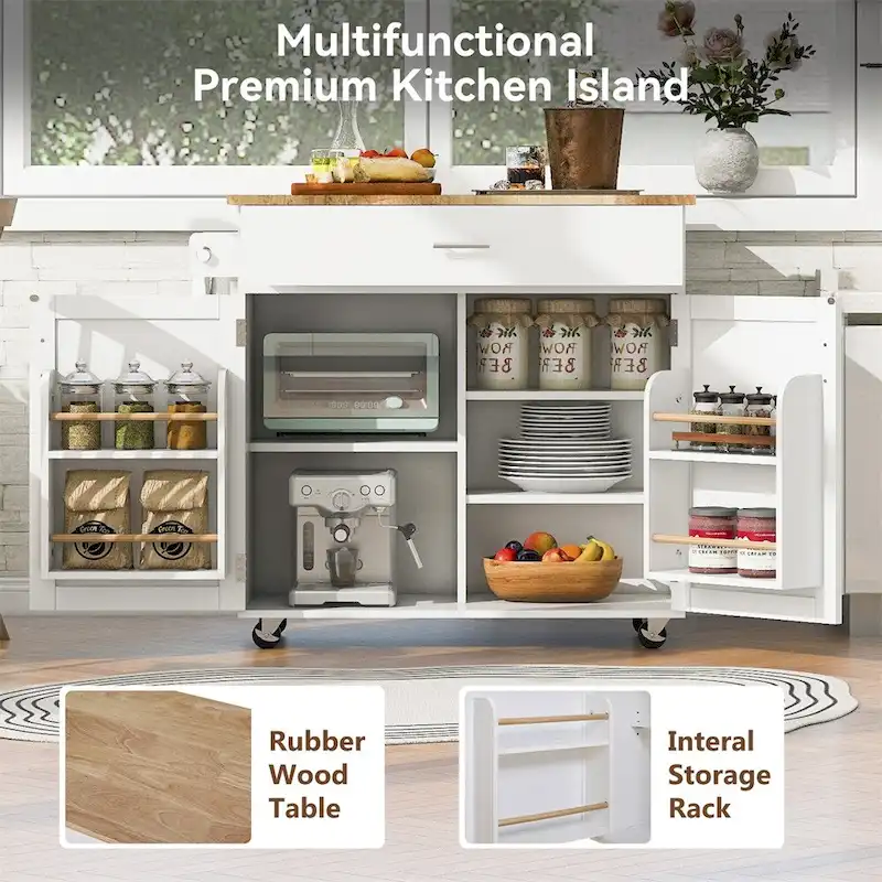 Rolling Kitchen Cart with Adjustable Shelf Tower Rack and Rubber Top - N/A
