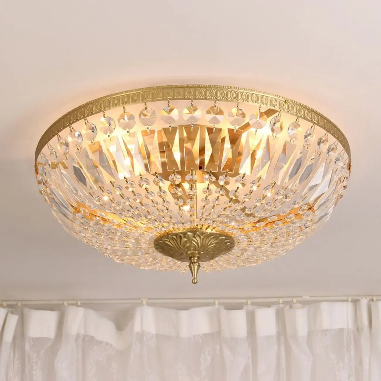 European Classical Crystal Brass Drum Flush Ceiling Light