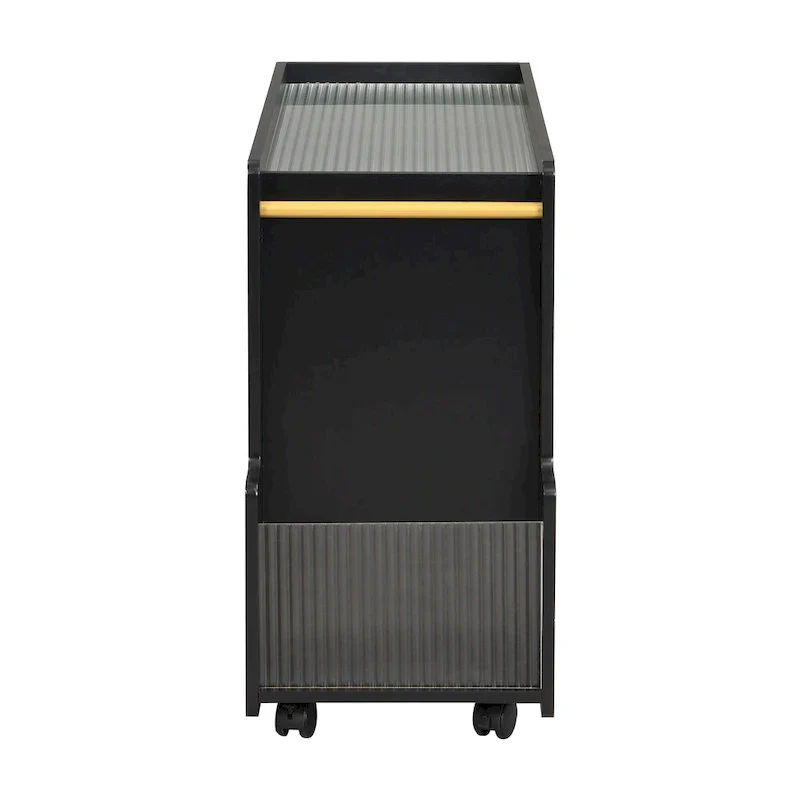 31.5  Modern Mobile End Table with 5mm Thick Fluted Tempered Glass, Lockable Wheels and Golden Round Rod