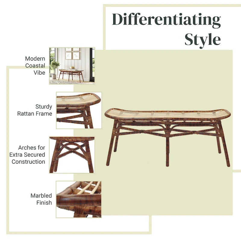 Rattan Bench – Marble Brown, Bamboo Legs, Single Seat