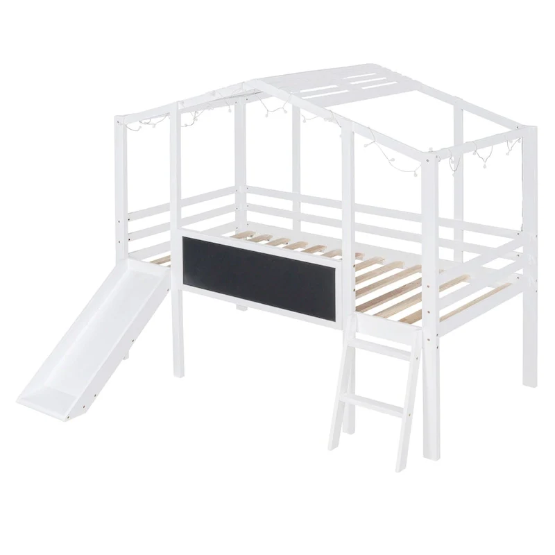 White Twin House Loft Bed with Slide & Blackboard, 1-Child