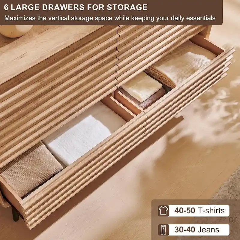 Mid Century Modern 6 Drawers Dresser, Wood Fluted Chest of Drawers