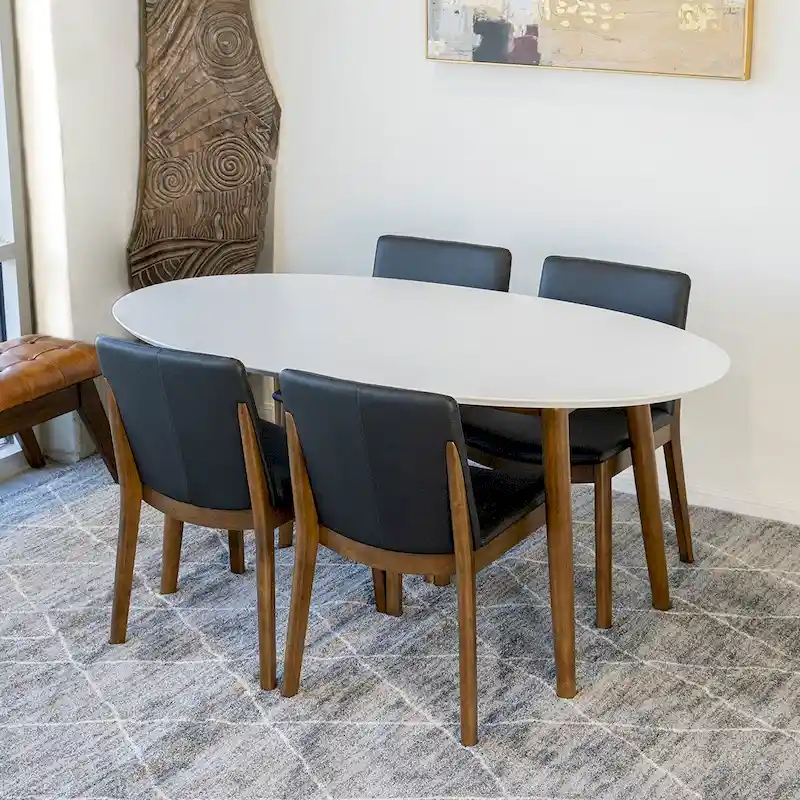 Kailea 5-Piece Mid-Century Modern Oval Dining Table with 4 Vegan Leather Dining Chairs in Black