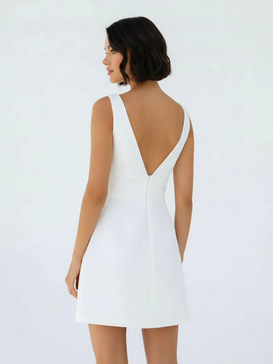 A-Line V-Neck Sleeveless Short Mini Satin Wedding Dresses