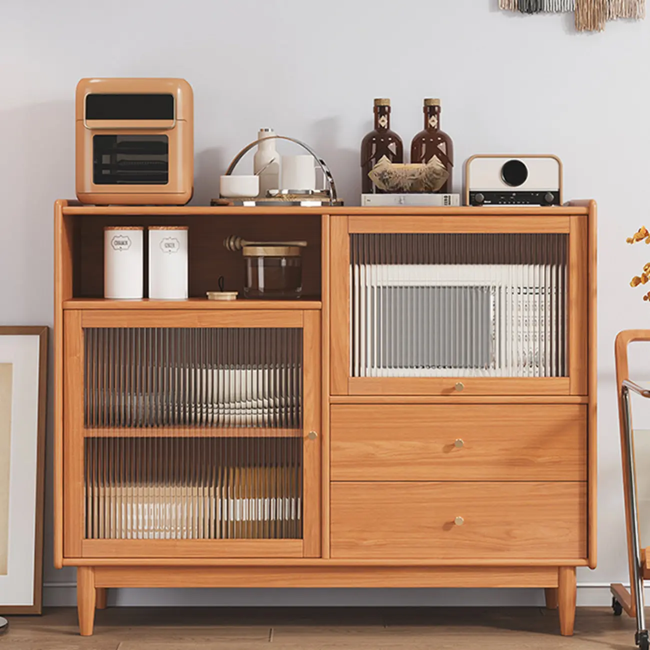 Modern Wood Sideboard with Glass Doors and Drawers