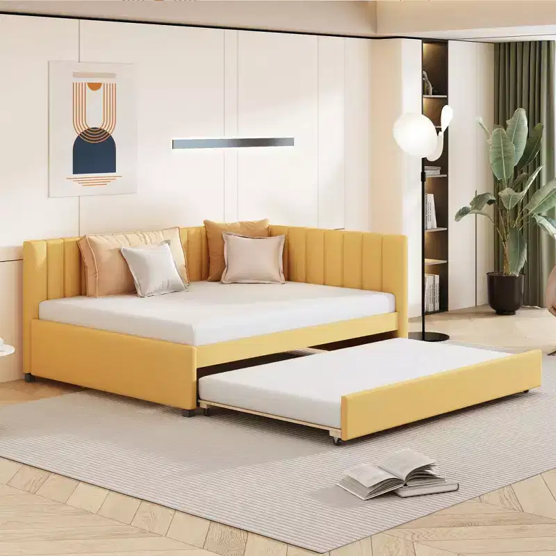 FAMYYT Full Size Upholstered Daybed With Twin Size Trundle, Easy Assembly, Yellow