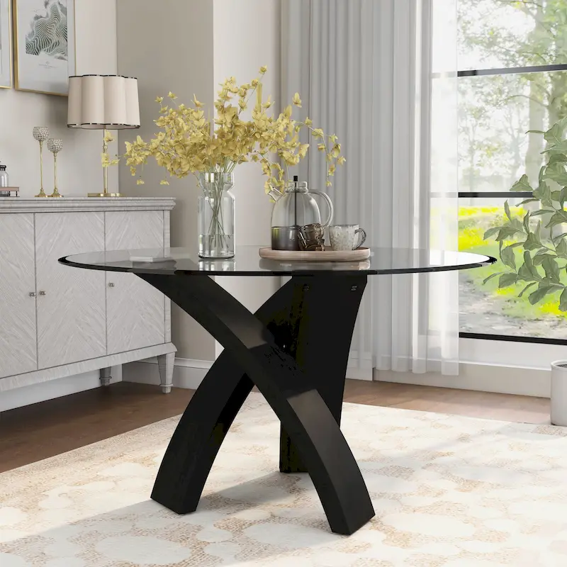 Contemporary 52-Inch Round Glass Top Dining Table