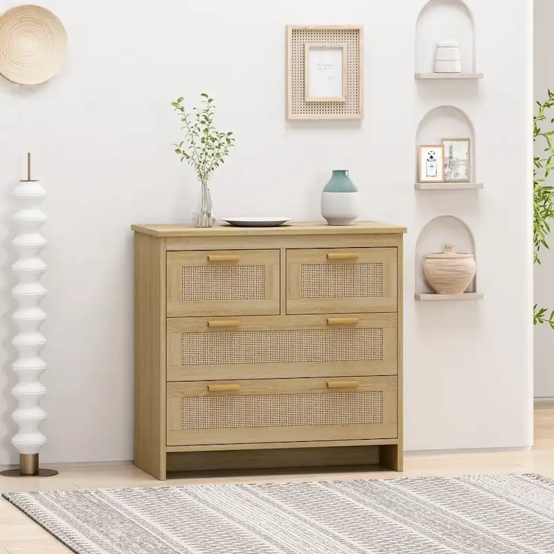 4-Drawer Rattan Dresser with Wood Frame, Natural / Black, 1-Person