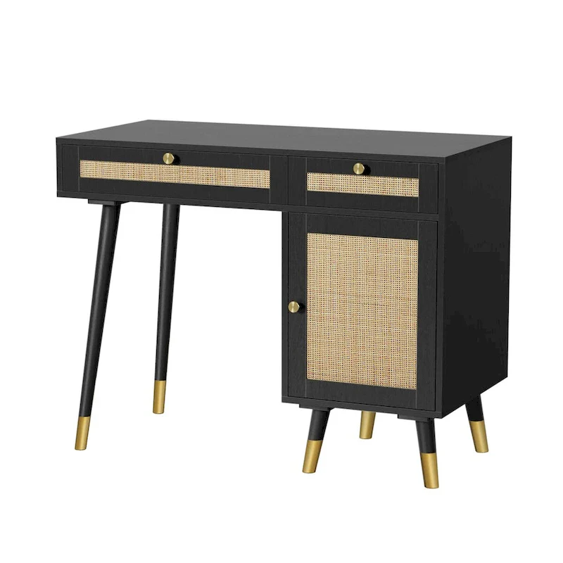 Black Computer Desk with Rattan Drawers and Gold Handles